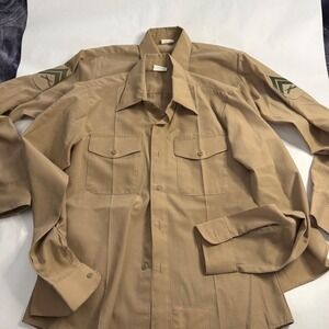 Burke VTG 2 Lot Military Uniform Shirt Mens 15.5x36 Khaki USMC Rank Patch 70-80s